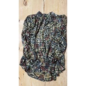 H&M Women  Navy Blue Floral Mock Neck Blouse Gold Button Long Sleeve Size M